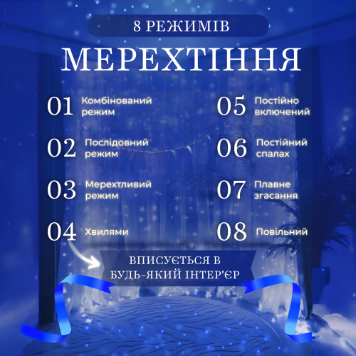 Гірлянда Водоспад 210 LED 3х2 м 10 ниток 8 режимів Синій (21593927) - фото 4