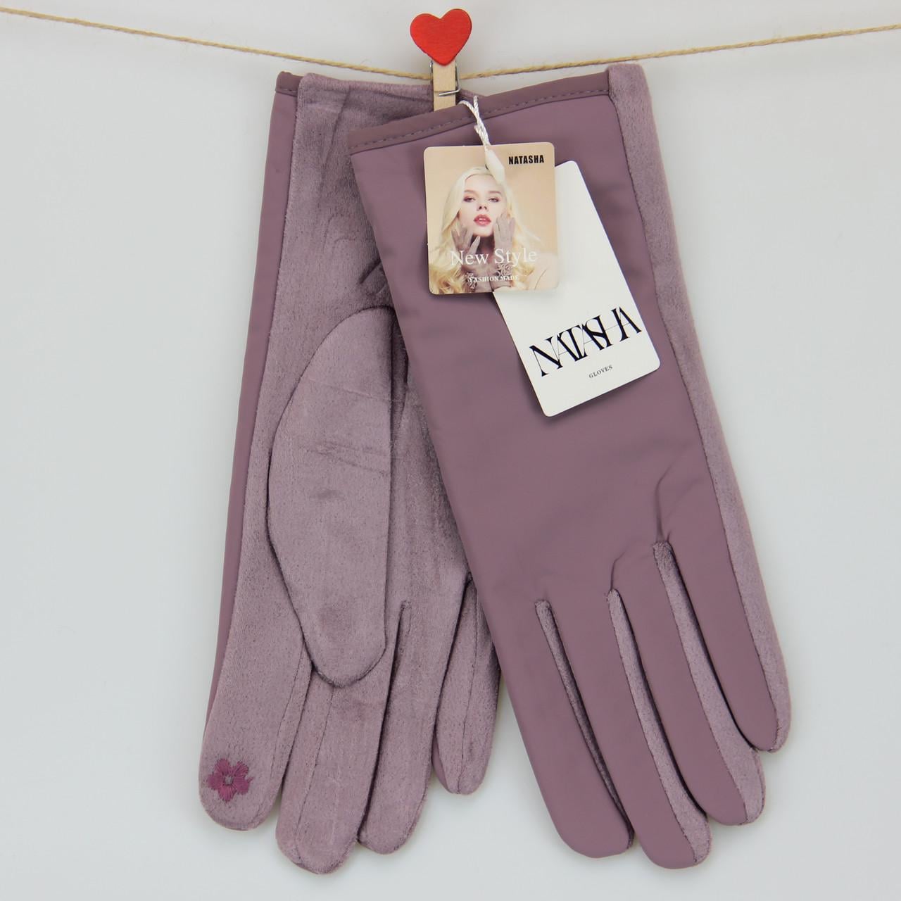 Перчатки женские сенсорные из искусственной замши с плащевкой однотонные М-L Сиреневый (34000)