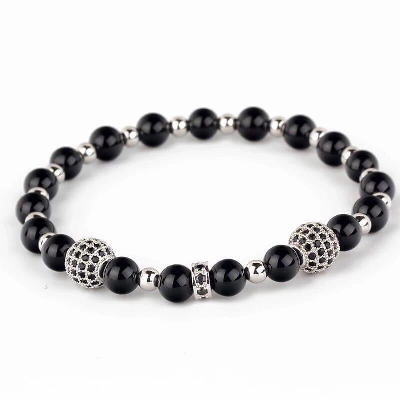 Браслет з агату та гематиту з диском та кулями р. 14 Чорний/Срібний
 (90086)