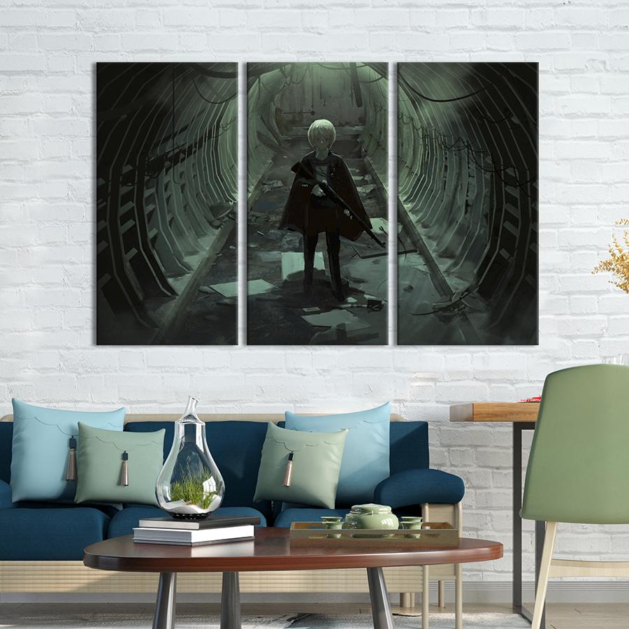 Картина на холсте триптих Аниме-девушка с ружьем 156x100 см (1430-31)