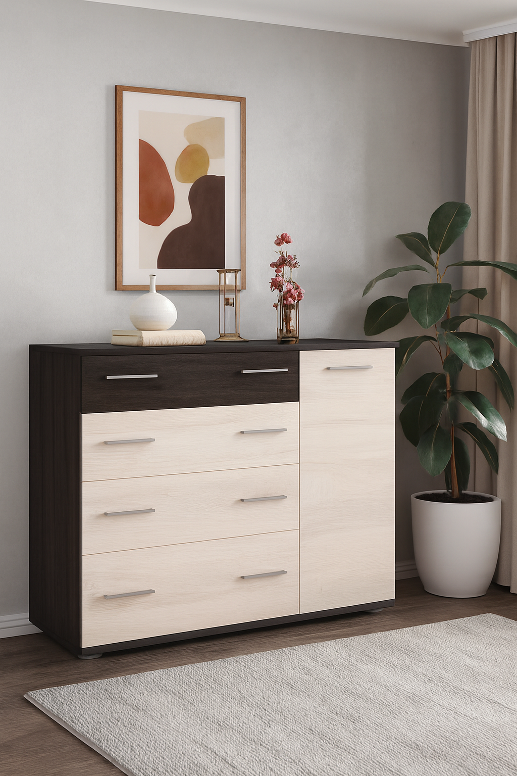 Комод с 4 ящиками и боковыми дверцами 1000×380×730 мм ЛДСП Венге темный/Дуб молочный (31300943)