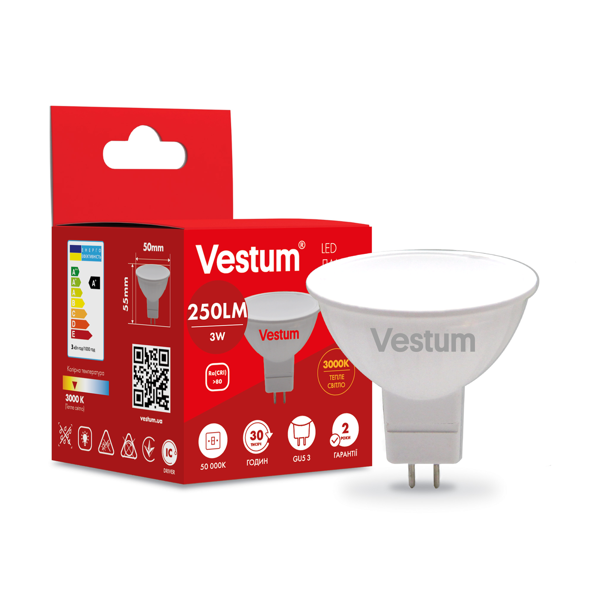 Светодиодная лампа Vestum MR16 3W 3000K 220V GU5.3 (1-VS-1502)