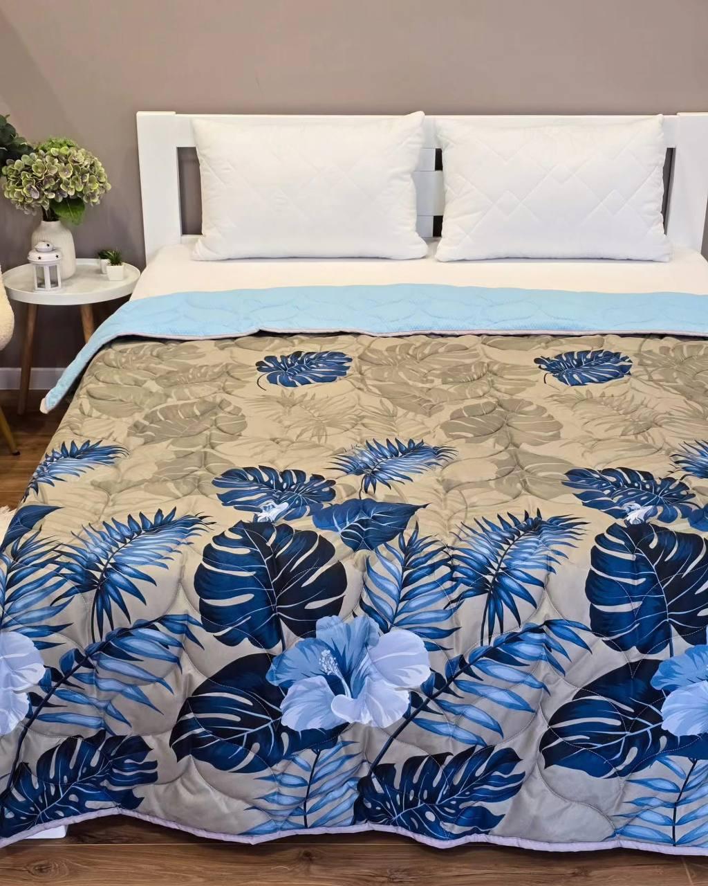 Ковдра літня антиалергенна мікрофібра 155х210 см Бежевий з синьою (Д-al-lito-satkovdra25-007)