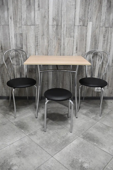 Кухонний комплект Tulipan Тріо стіл/стільці 2 шт./табурет в хром-корпусі 60х80х75 см Сонома/Чорний (28374339)