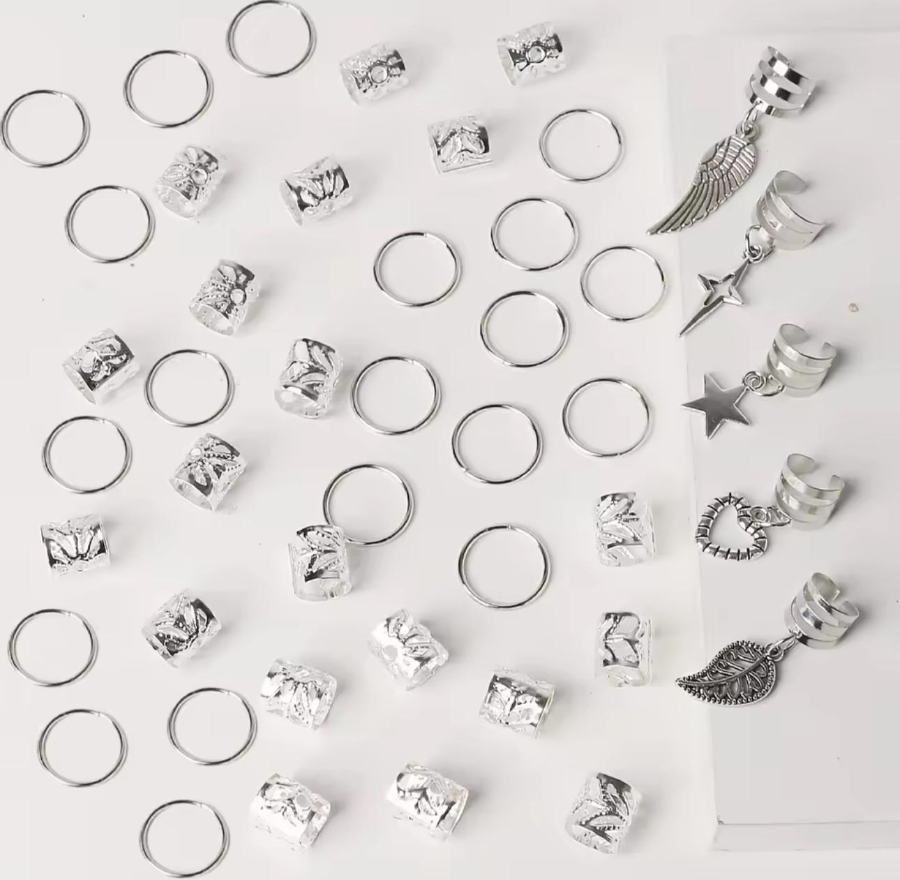 Набор серебряных украшений для кос и дредов кольца и бусины для волос 45 шт.