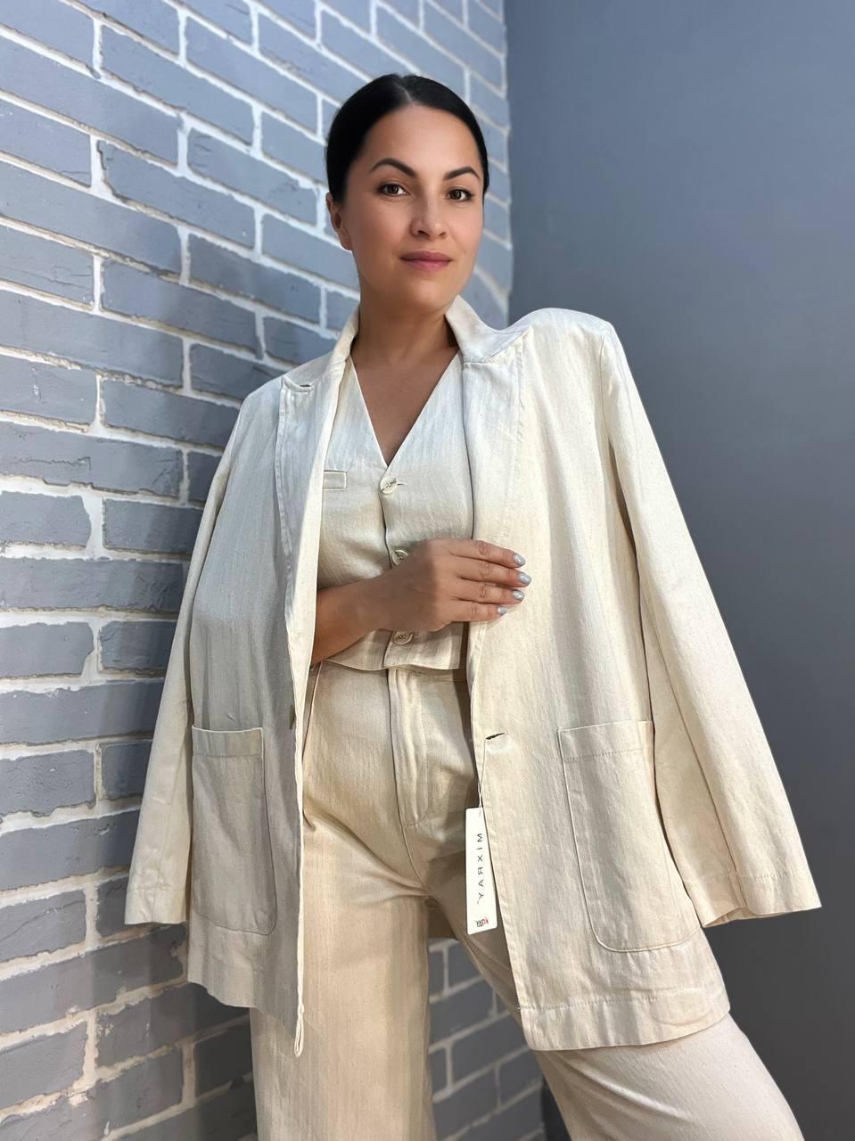 Пиджак MIX RAY 4441 удлиненный оверсайз с наложенными карманами S Молочный (2346) - фото 4