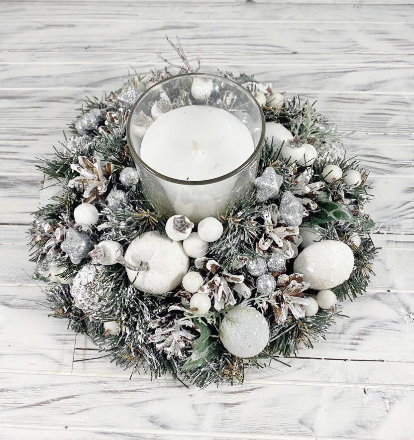 Композиция новогодняя со свечой 25 см Белый/Серебристый (8792843) - фото 2 Композиция новогодняя со свечой 25 см Белый/Серебристый (8792843) - фото 2