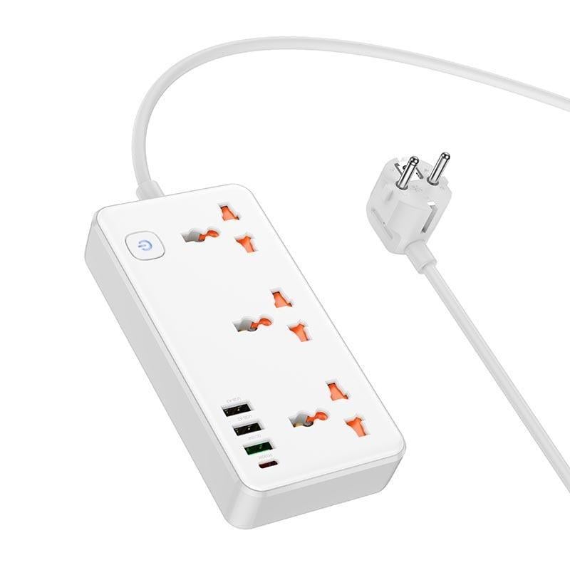 Удлинитель Hoco AC8A USB Type-C QC 3 розетки 1,5 м White (020413)