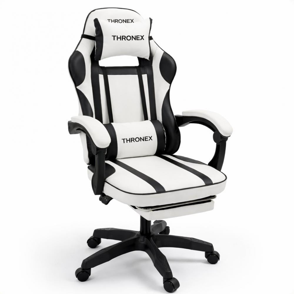 Кресло геймерское дизайнерское ThroneX с массажной подушкой/подножкой до 130 кг Белый с черным (PVC 002)