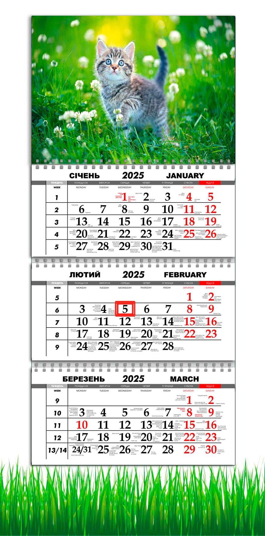 Календарь настенный квартальный на 2025 год APRIORI Котик/Природа на 3 пружины 30х61 см (UA2930)