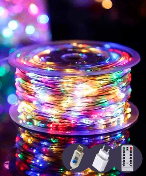 Гирлянда Роса на катушке 500 LED 50 м с прозрачным проводом реле 8 режимов/USB и пульт разноцветный (FFJ00130)