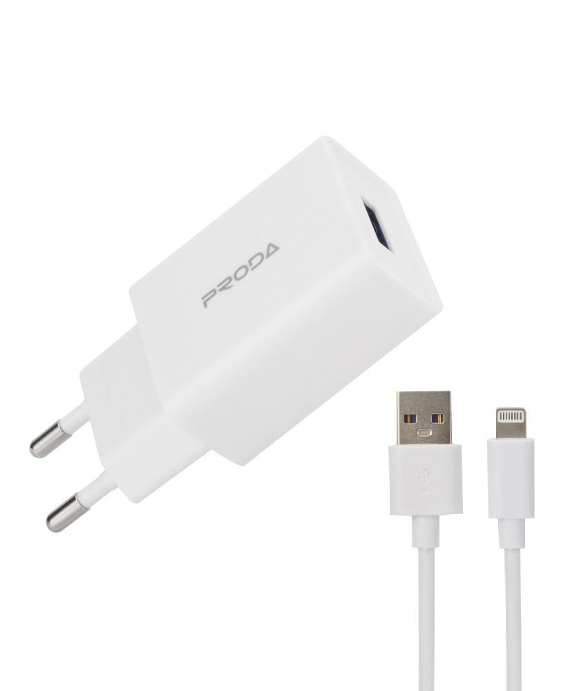 Сітчасте зарядне пристрій Proda PD A43i USB 2,4 A + USB Lightning кабель 1 м White