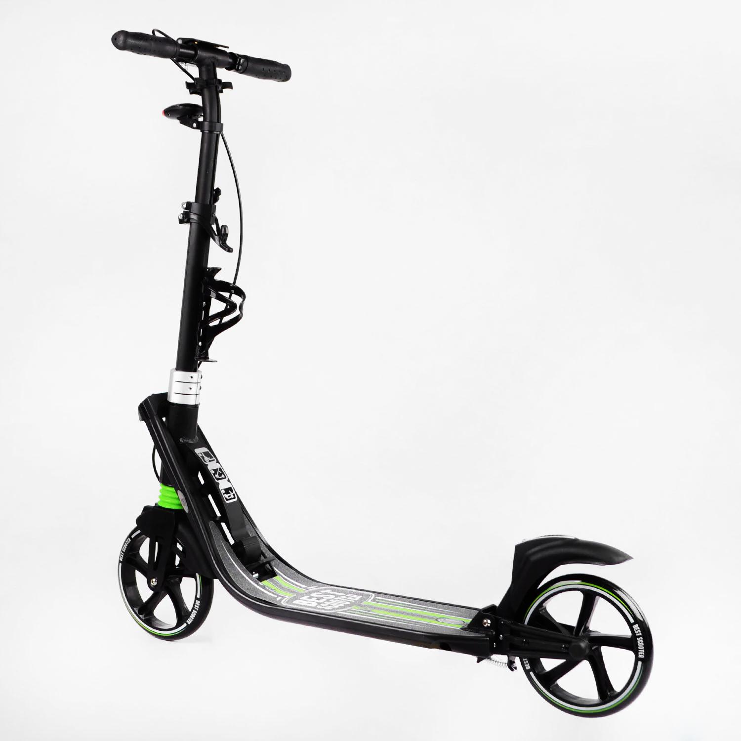 Самокат двухколесный складной Best Scooter фонарик 2 амортизатора Black/Green (114435) - фото 6