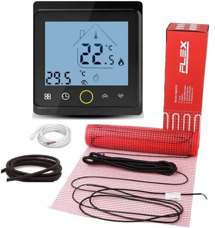 Мат нагревательный FLEX 4 м²/700 Вт с программируемым черным терморегулятором TWE02 WiFi