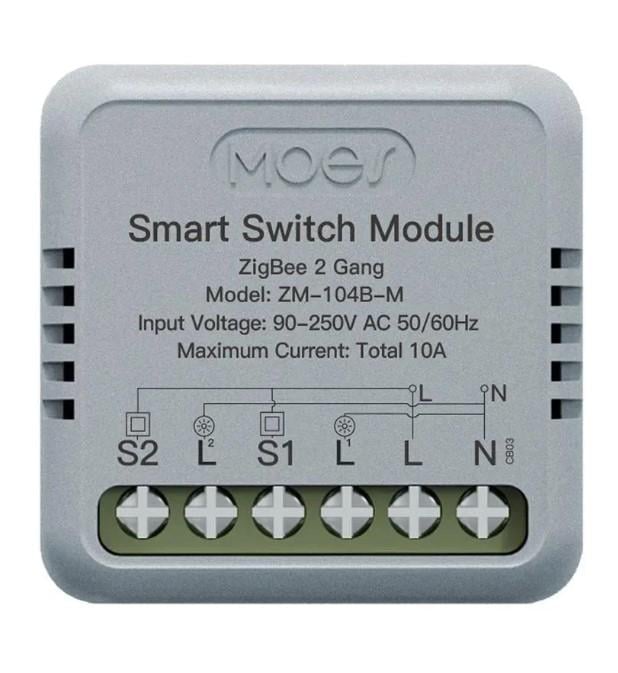 Реле Zigbee двухканальное Moes ZM-104B Tuya Smart Switch 2ch 10 А
