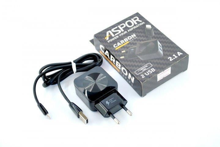 Зарядное устройство сетевое Aspor F13C Carbon Series 2,1A 2USB с USB-кабелем Lightning Черный (1858272472)