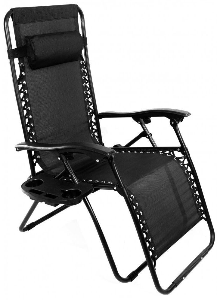 Шезлонг складной с подстаканником и подголовником кресло на 3 положения 160 см Черный