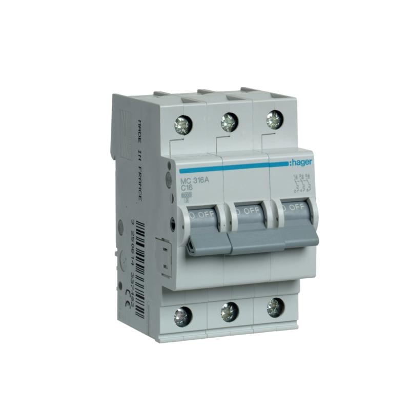 Автоматический выключатель Hager 3P 16A C 6 kA MC316A 3M