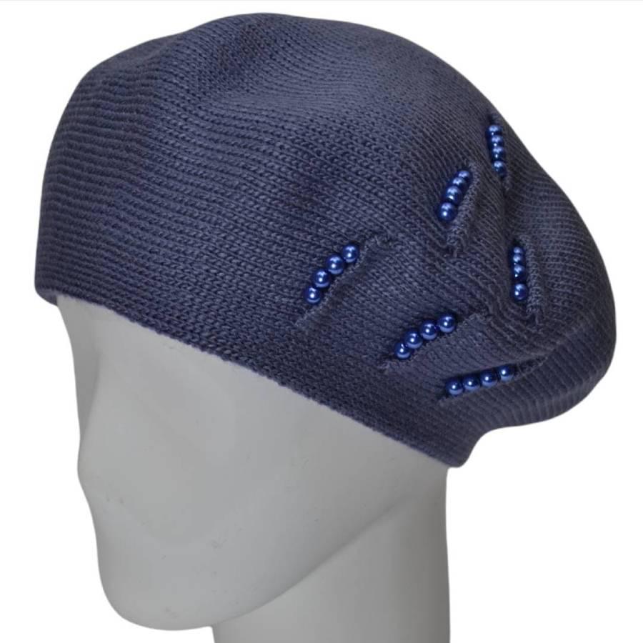 Берет женский Lirus Вишня из шерсти двойной с бусинами Джинсовый