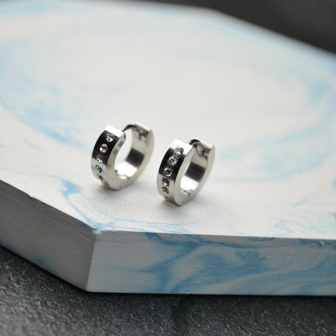 Серьги-кольца с цирконием медицинская сталь родий (x085)