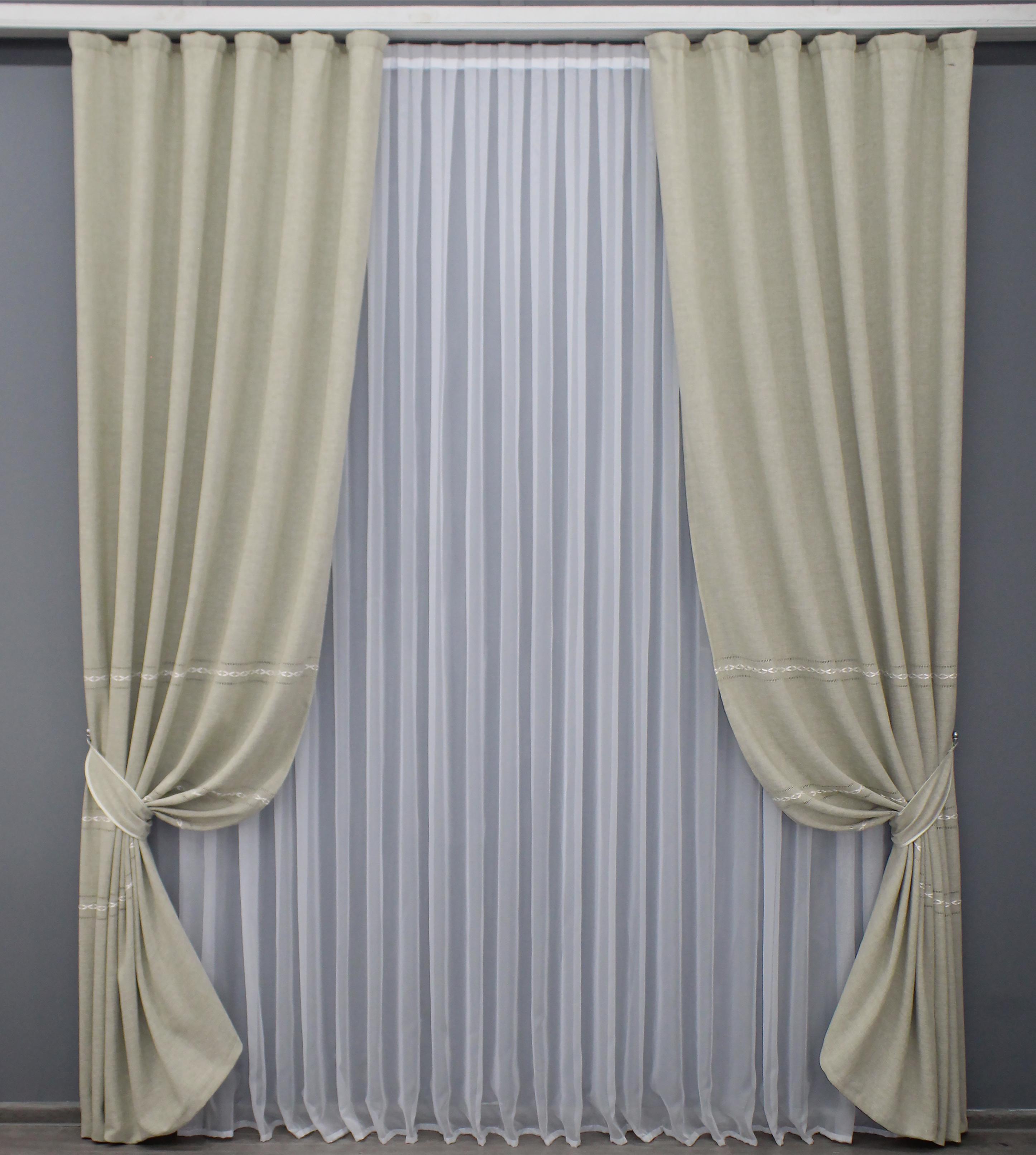 Комплект готовых штор VR-Textil Лен Кружево № 1405ш 150х270 см 2 шт. Серо-бежевый (33-0269)