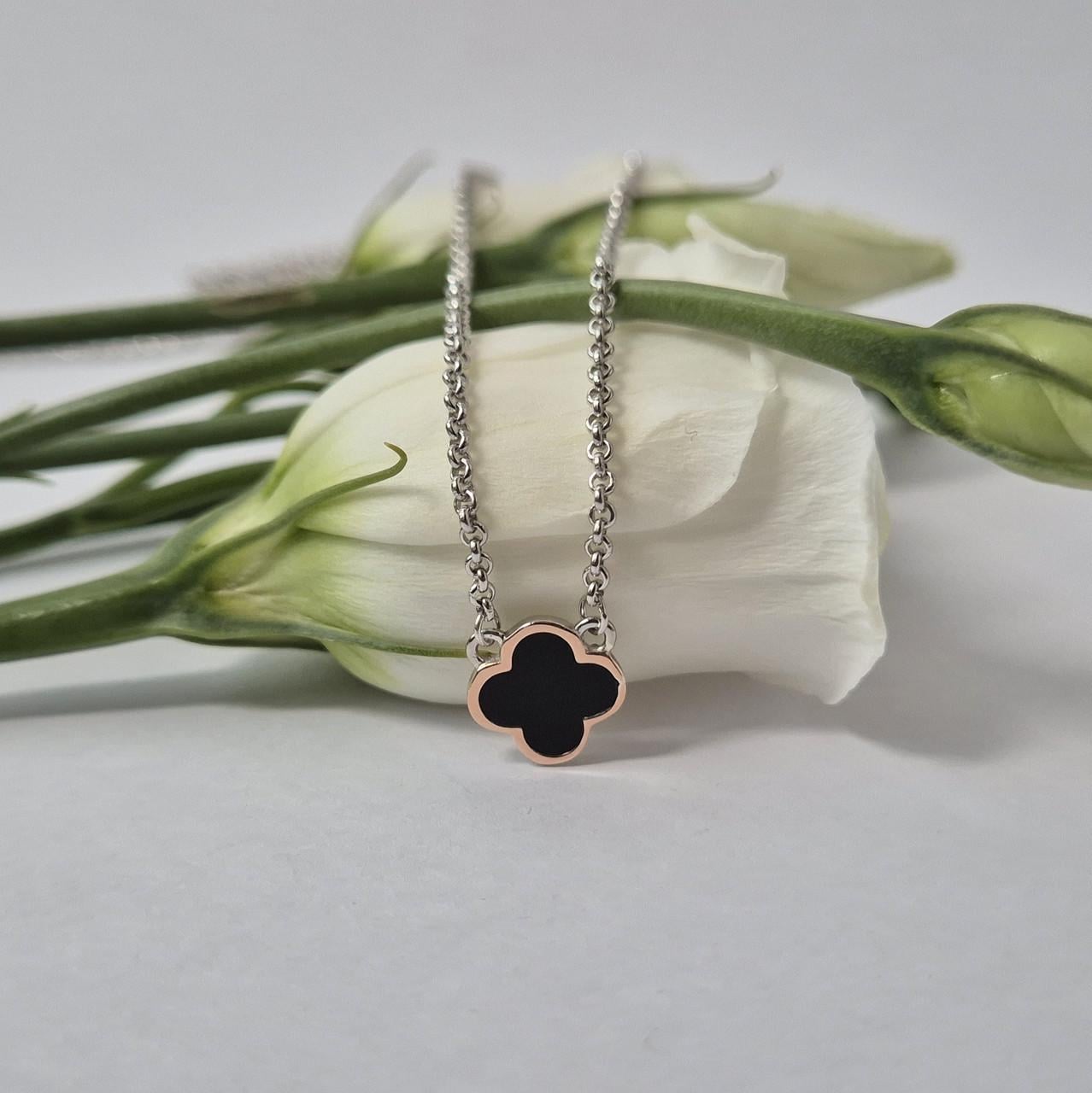 Колье с подвеской клевер с черной эмалью серебро 925 пробы родованное золото 375 40-44 см (1126цв)