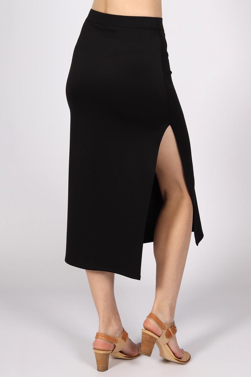 Спідниця міді жіноча нижче коліна трикотажна з розрізом збоку однотонна р. 38 Чорний (2495210986) - фото 4