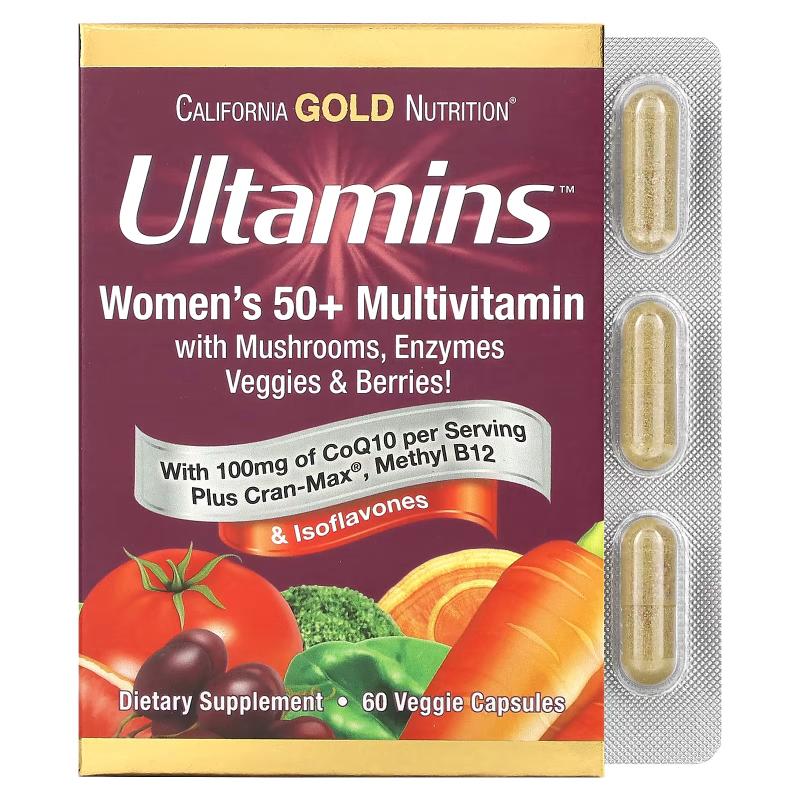 Мультивитамины California Gold Nutrition Ultamins для женщин старше 50 лет с коэнзимом Q10 60 вегетарианских капс.