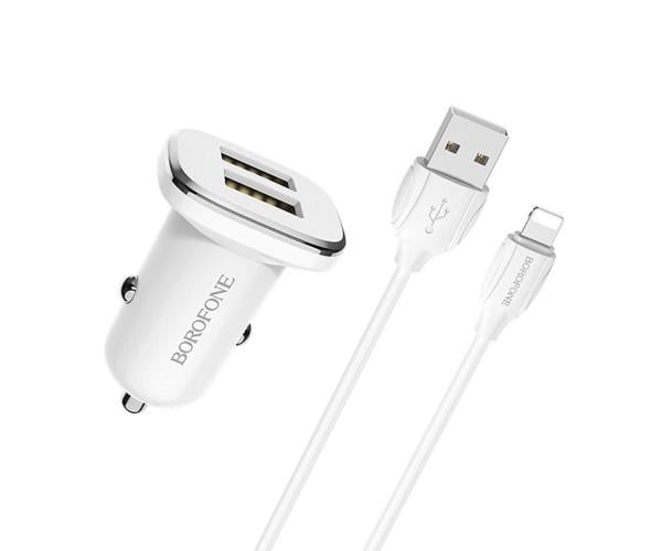 Зарядний пристрій автомобільний Borofone BZ12 2USB 2,4A кабель Lightning 2,4A White