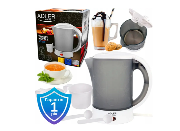Електрочайник Adler з чашками і ложками пластиковий 0,6 л Білий/Сірий (AD 1268) - фото 5 Електрочайник Adler з чашками і ложками пластиковий 0,6 л Білий/Сірий (AD 1268) - фото 5