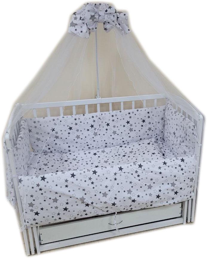 Набор постельного белья Звезды в детской кроватке 9 эл. Белый/Серый Набор постельного белья Звезды в детской кроватке 9 эл. Белый/Серый
