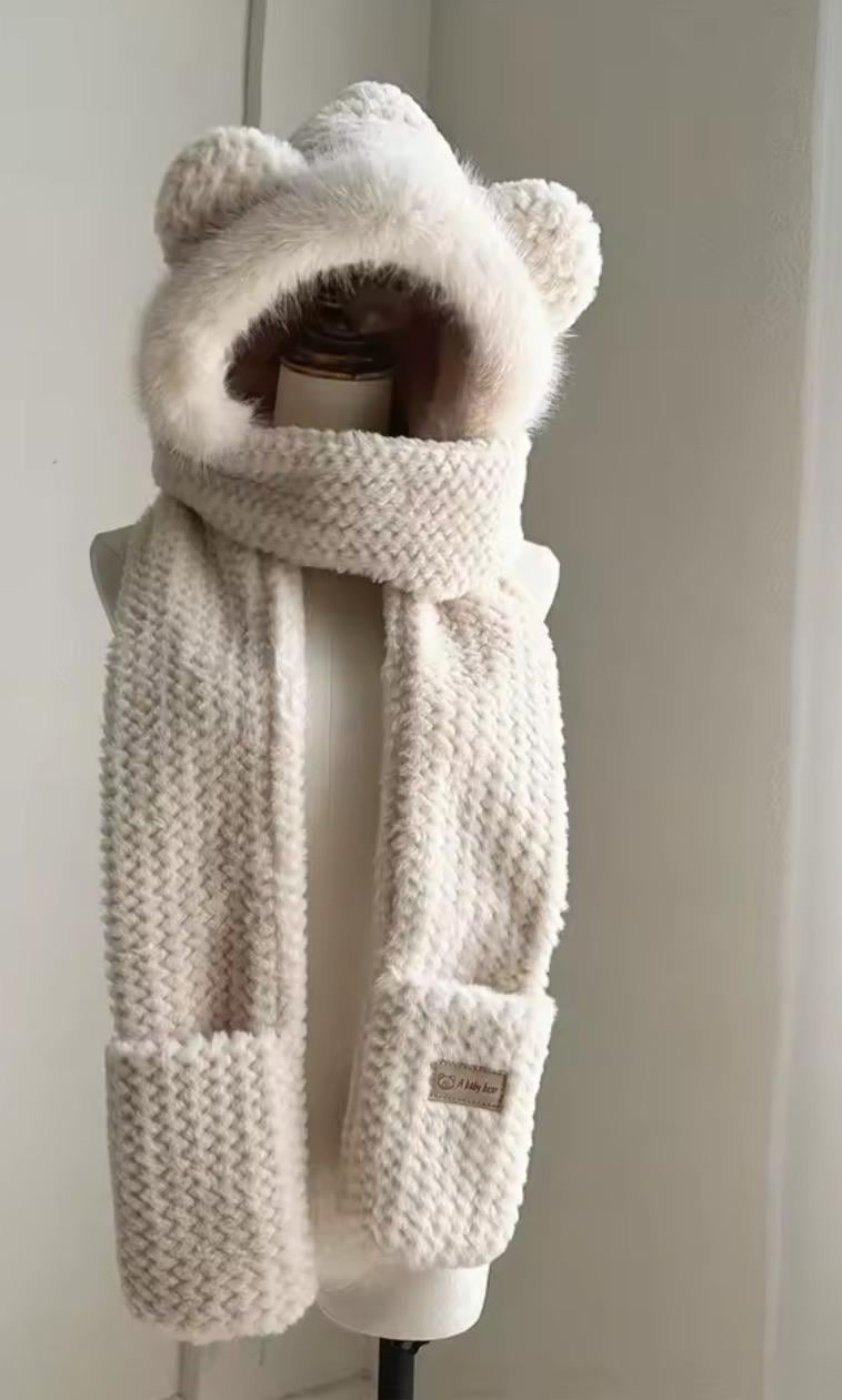 Шапка-капюшон с ушками и шарфом Мишка one size Бежевый