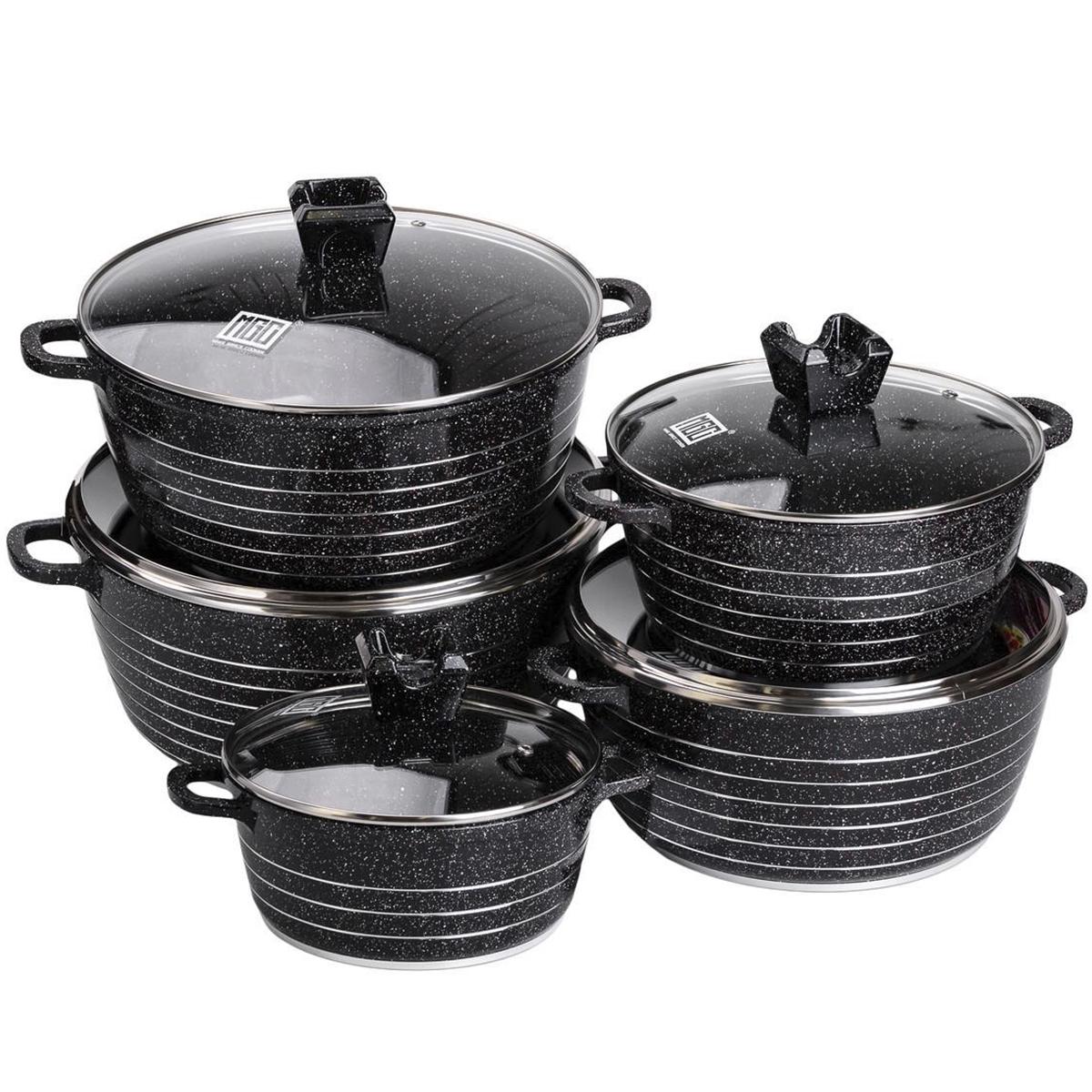 Набір каструль MGC алюмінієвих з мармуровим покриттям 2,5/4/5/7/9 л Чорний (HP-4-411B) Набір каструль MGC алюмінієвих з мармуровим покриттям 2,5/4/5/7/9 л Чорний (HP-4-411B)