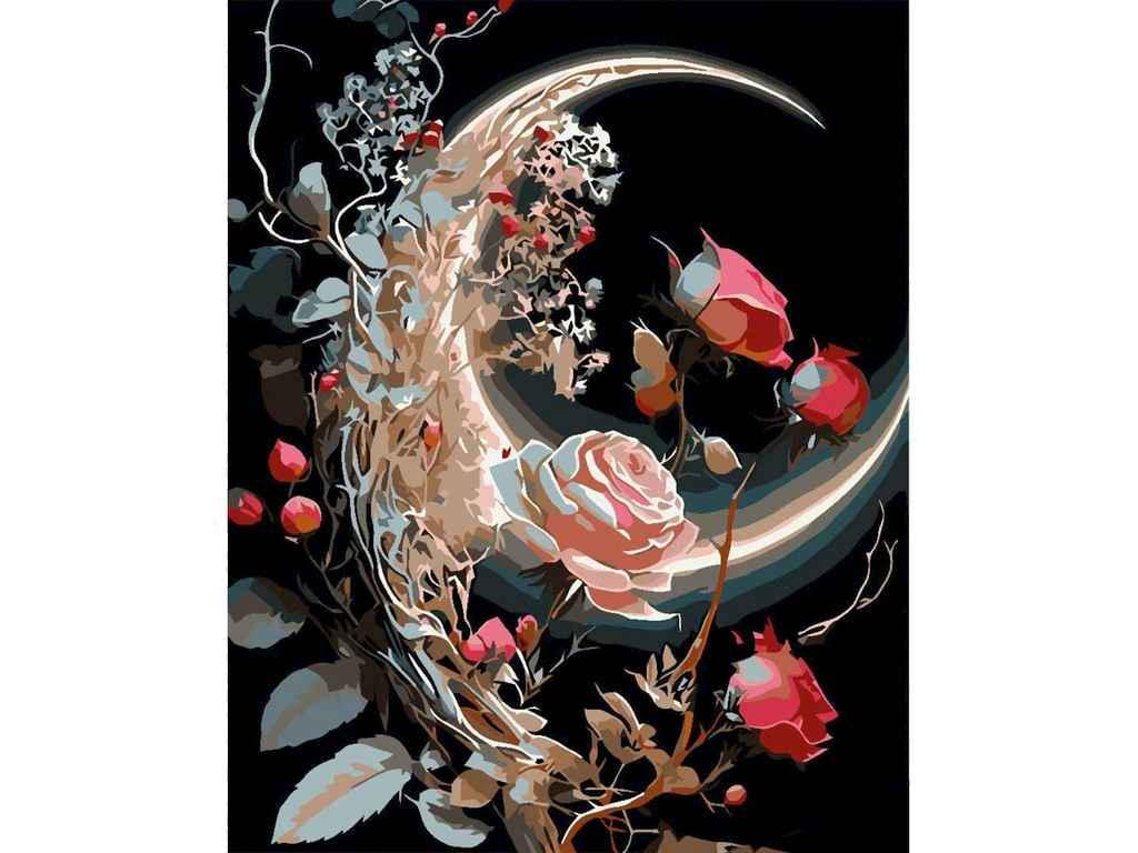 Картина по номерам Strateg Луна в розах на черном фоне 40х50 см (AH1004)