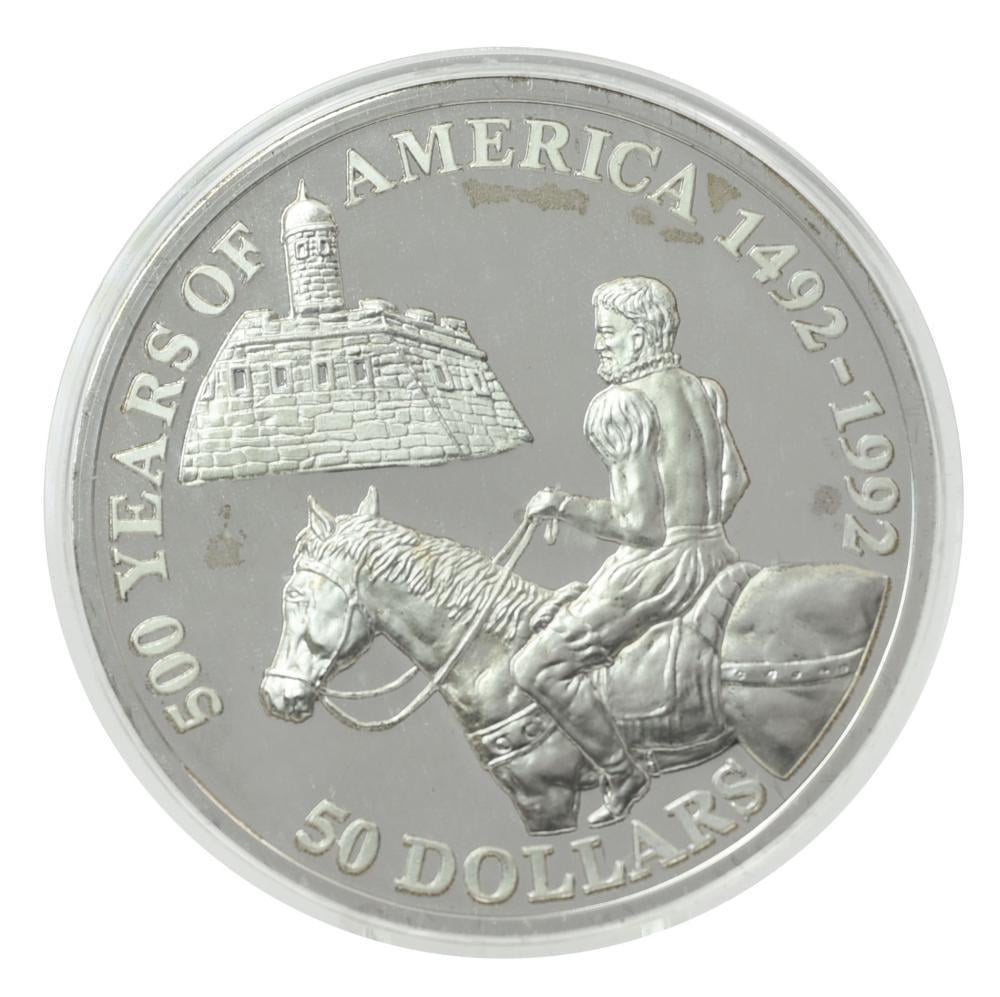 Коллекционная монета Острова Кука 50 долларов 1992 серебро Proof 500 лет Открытию Америки-Педро Менендес де Авилес (М22624)
