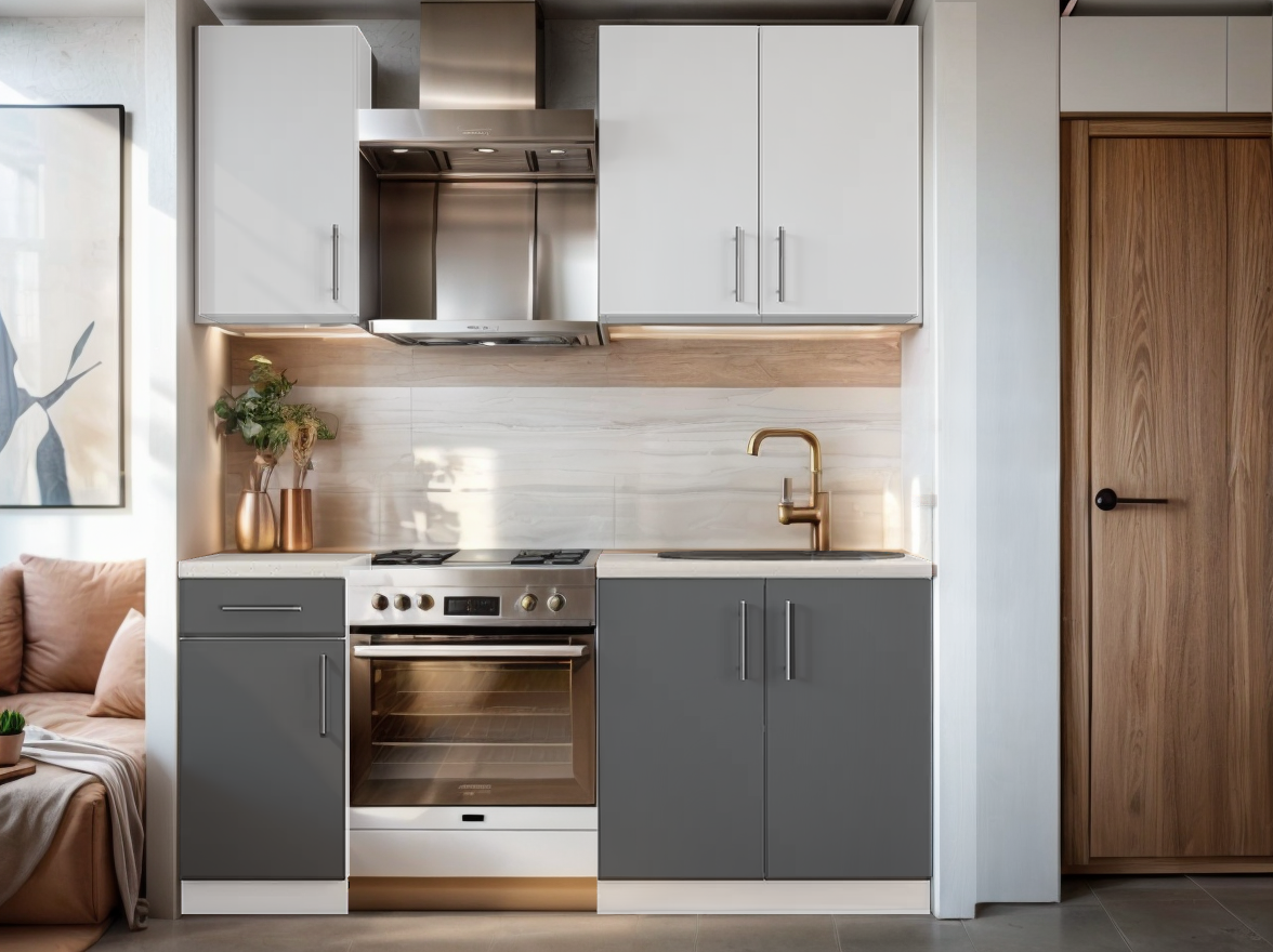 Кухонный гарнитур Tobi Sho Optima -К1 со столешницей 1,8 м Нимфея Альба/Антрацитовый корпус Белый