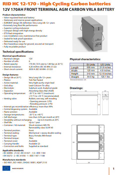 Батарея для ДБЖ RID HC акумуляторна 12 V 170 Ah (RID HC 12-170) - фото 3