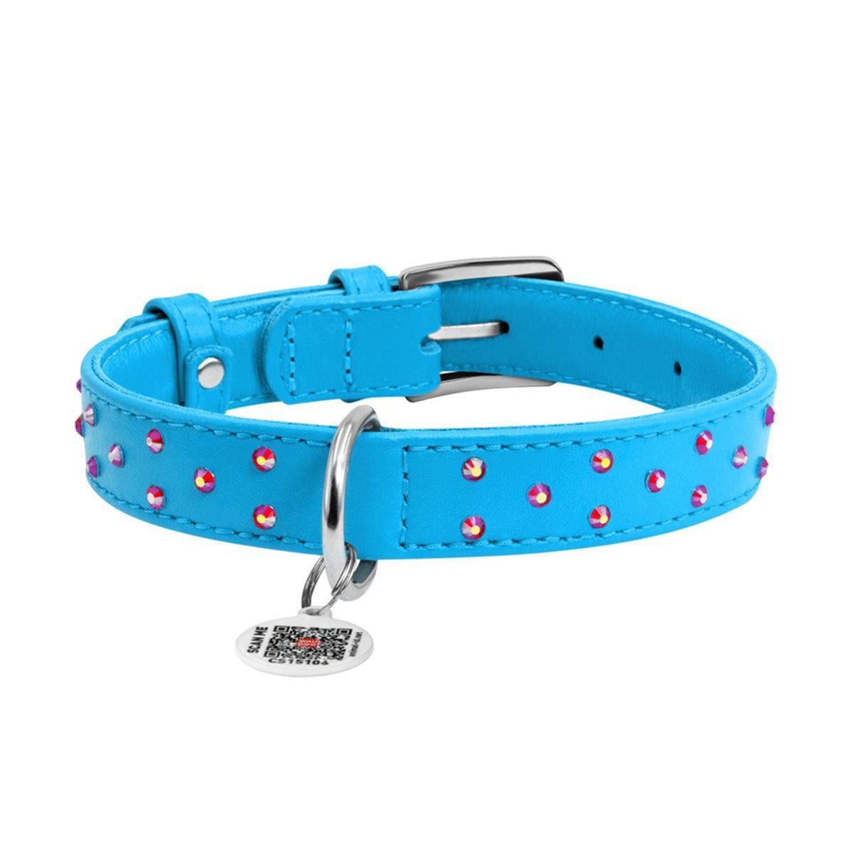Нашийник для собак шкіряний Waudog Glamour з QR паспортом/клейовими стразами 25 мм х 38-49 см Блакитний (32792 Col)