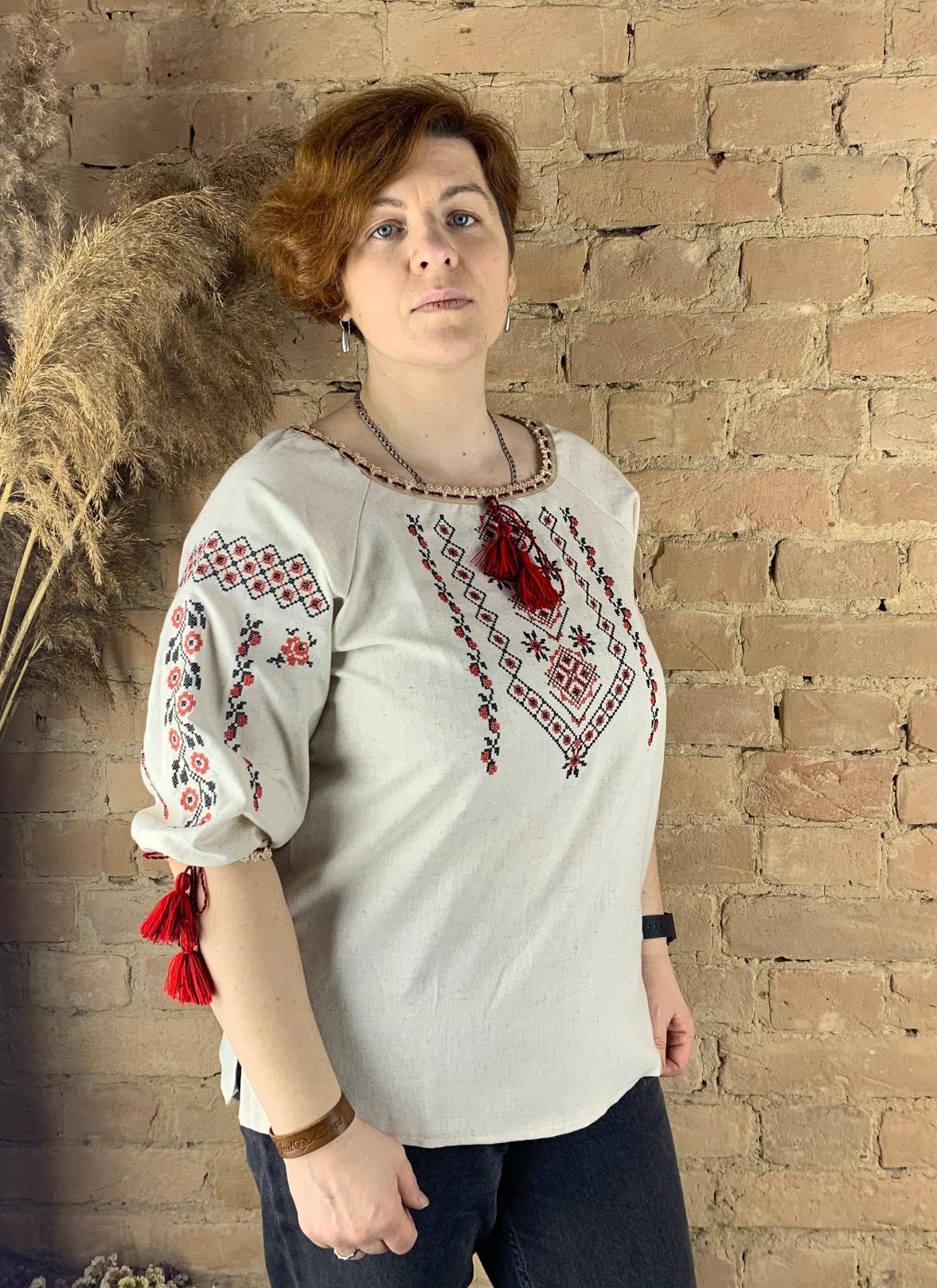 Вышиванка женская Геометрическая красная вышивка льняная р. 52 Бежевый (3344/52) - фото 2