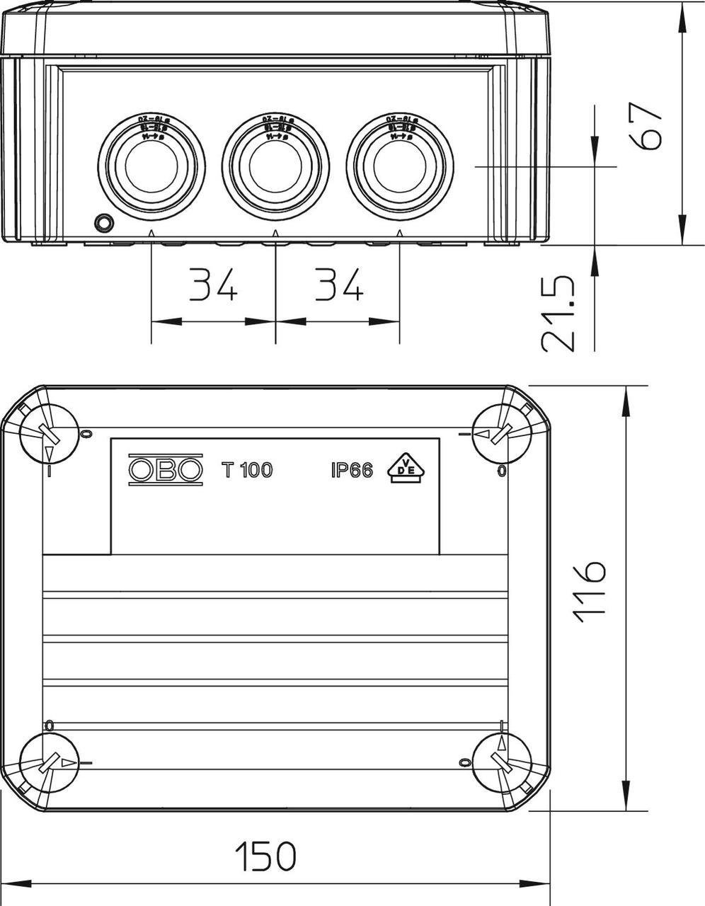 Розподільча коробка OBO bettermann Т100 зовнішня 10 герметичних вводів IP66 PP 150х116х67 мм (2007077) - фото 2