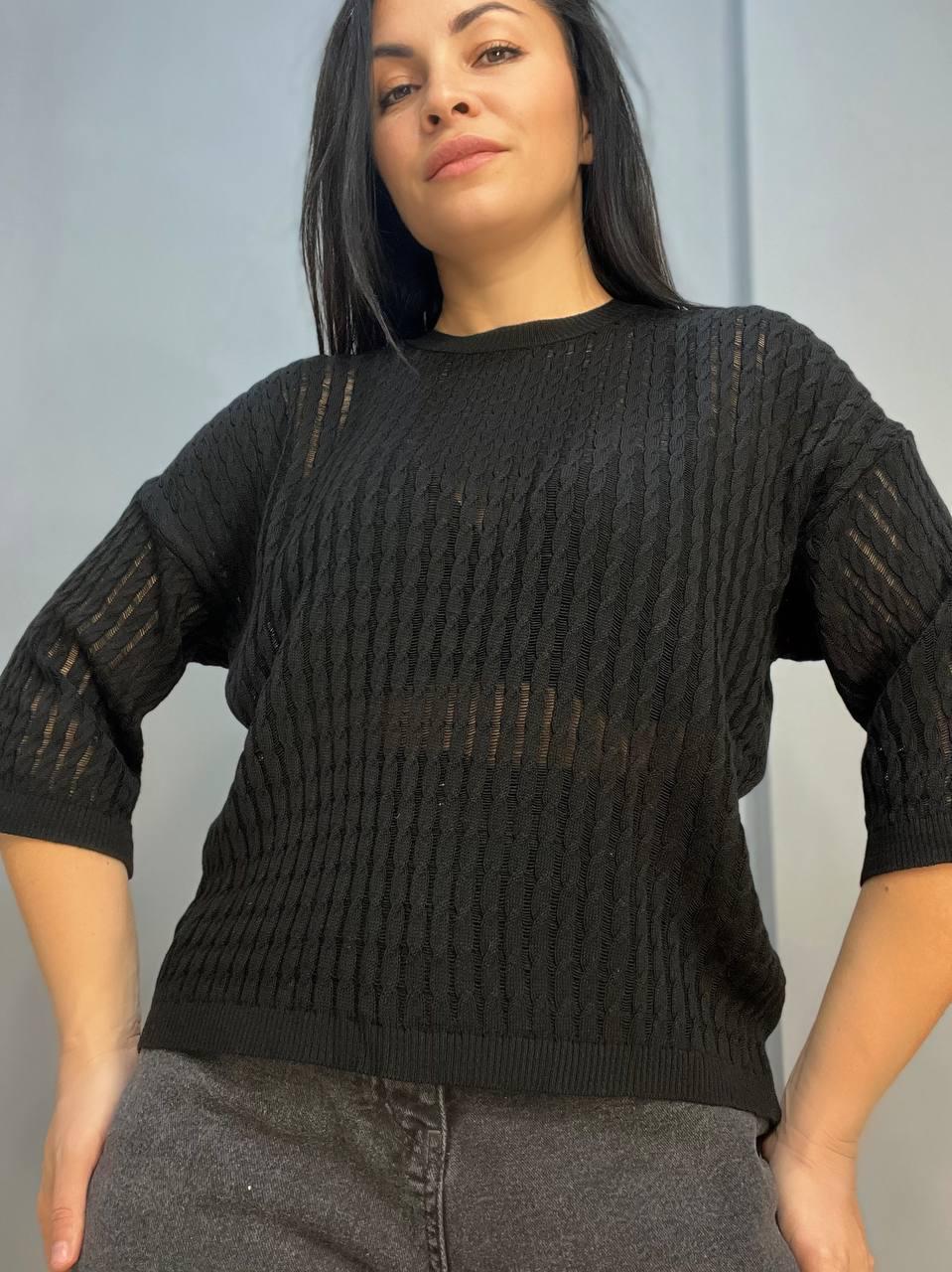 Джемпер жіночий KARON 10646 напівпрозорий реглан ажурна вʼязка косичка короткий рукав OS Чорний (1249) - фото 6 Джемпер жіночий KARON 10646 напівпрозорий реглан ажурна вʼязка косичка короткий рукав OS Чорний (1249) - фото 6