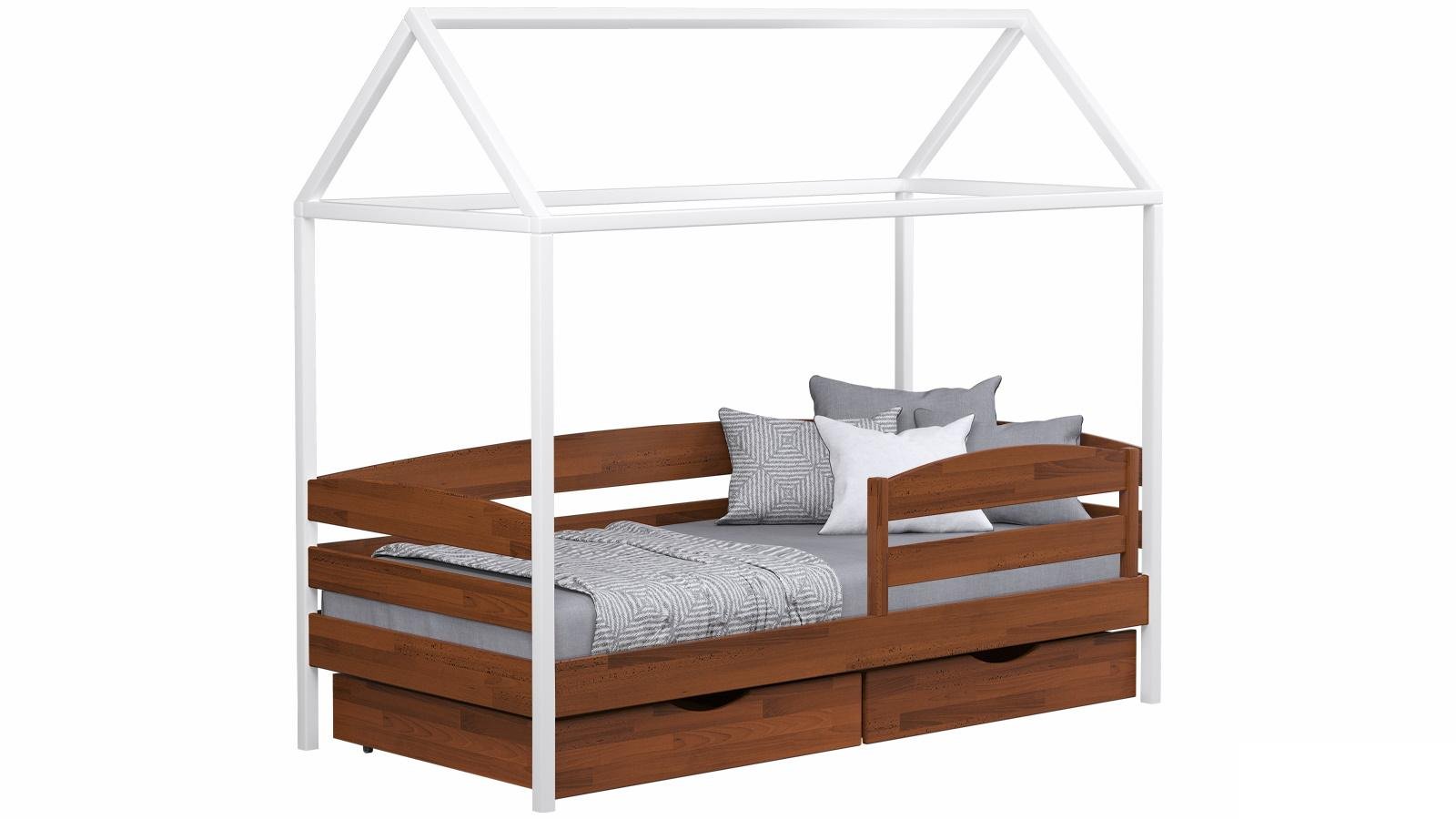 Кровать деревянная детская АММИ ПЛЮС с ящиками и защитным бортиком 200х90 см Белый/Ольха