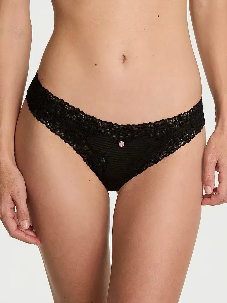 Трусики стринги Victoria's Secret Cotton Shadow Stripe Lace-Waist Thong Panty M Черный (27115597)