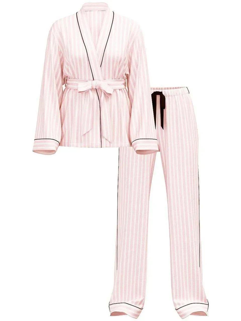 Піжама фланелева Victoria's Secret Flannel Long Pajama kimono Set смужка Regular XS Рожевий (26811612D) - фото 3