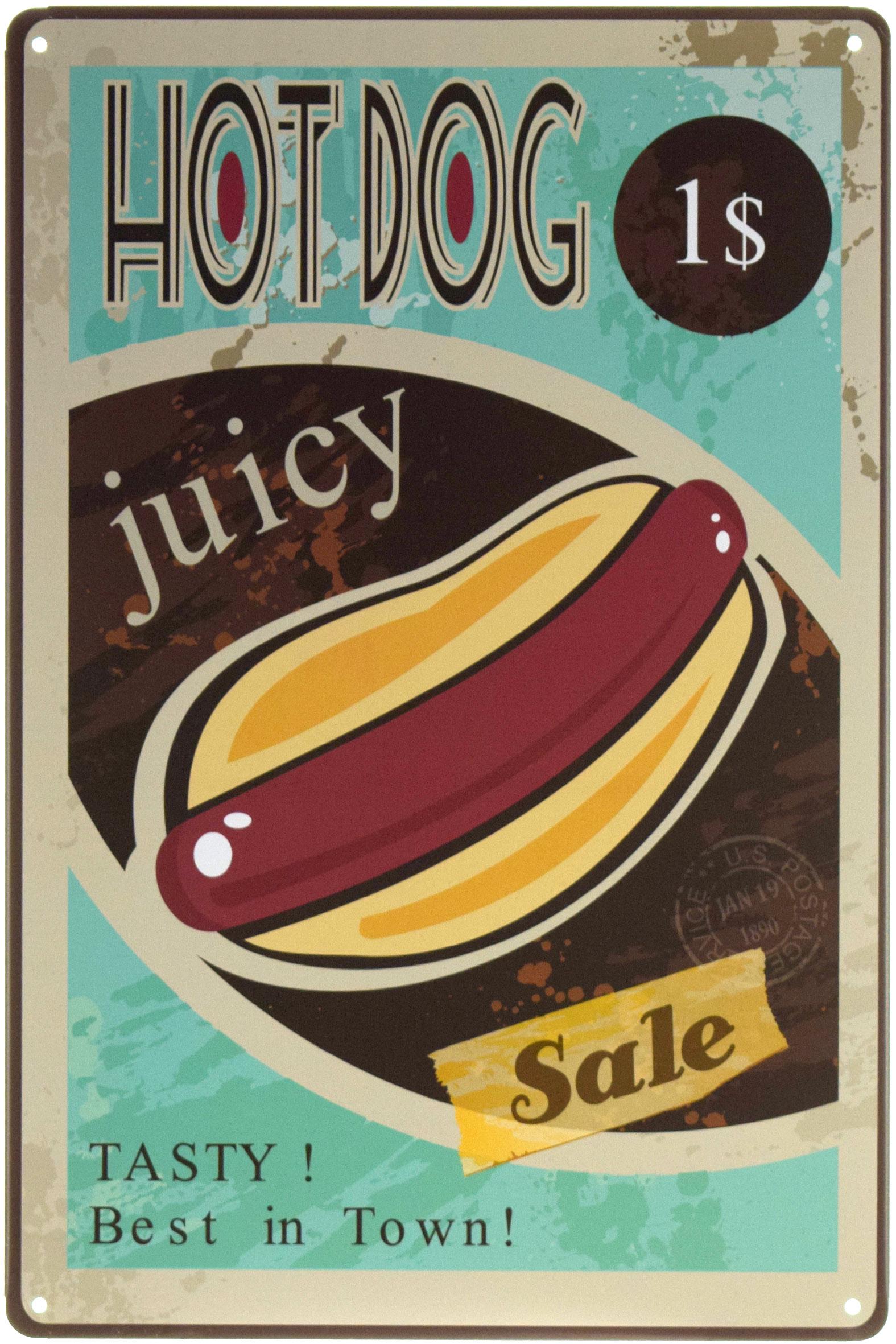 Табличка металлическая Сочный Хот-Дог/Hot Dog Juicy 20x30 см