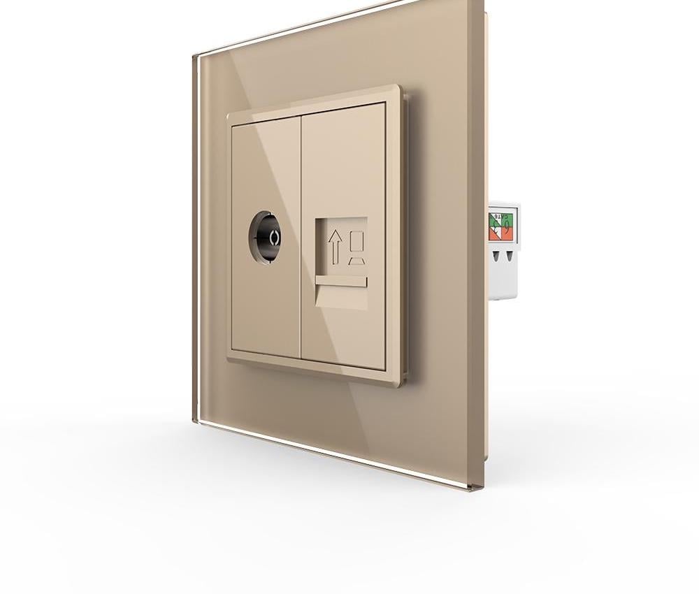 Розетка компьютерная LIVOLO RJ-45/ТВ стеклянная рамка Золотой (VL-C7FCCP/FCTV-2AP)
