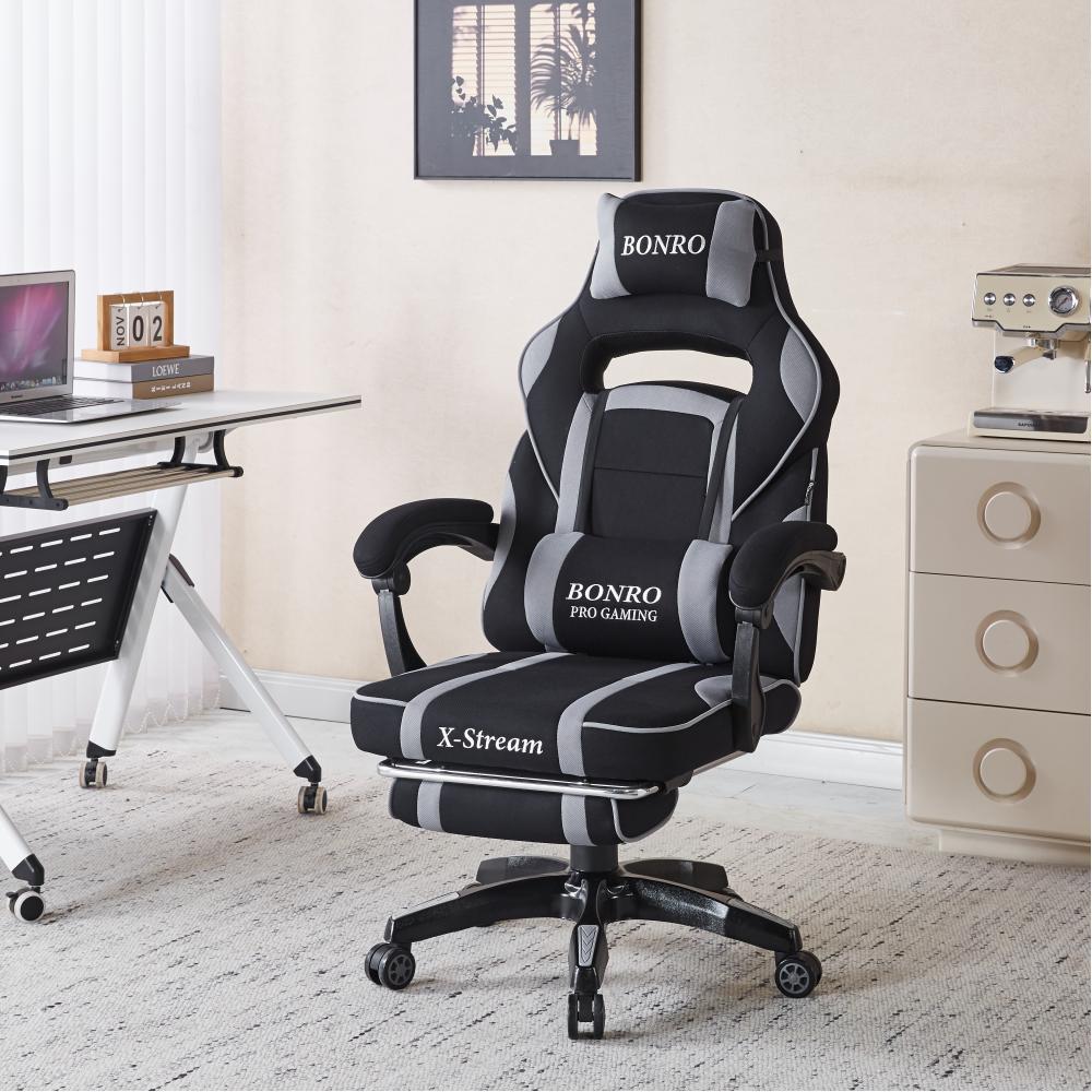 Кресло геймерское Bonro B-141 с подставкой для ног и подлокотниками до 120 кг Серый (147-76-42401110)