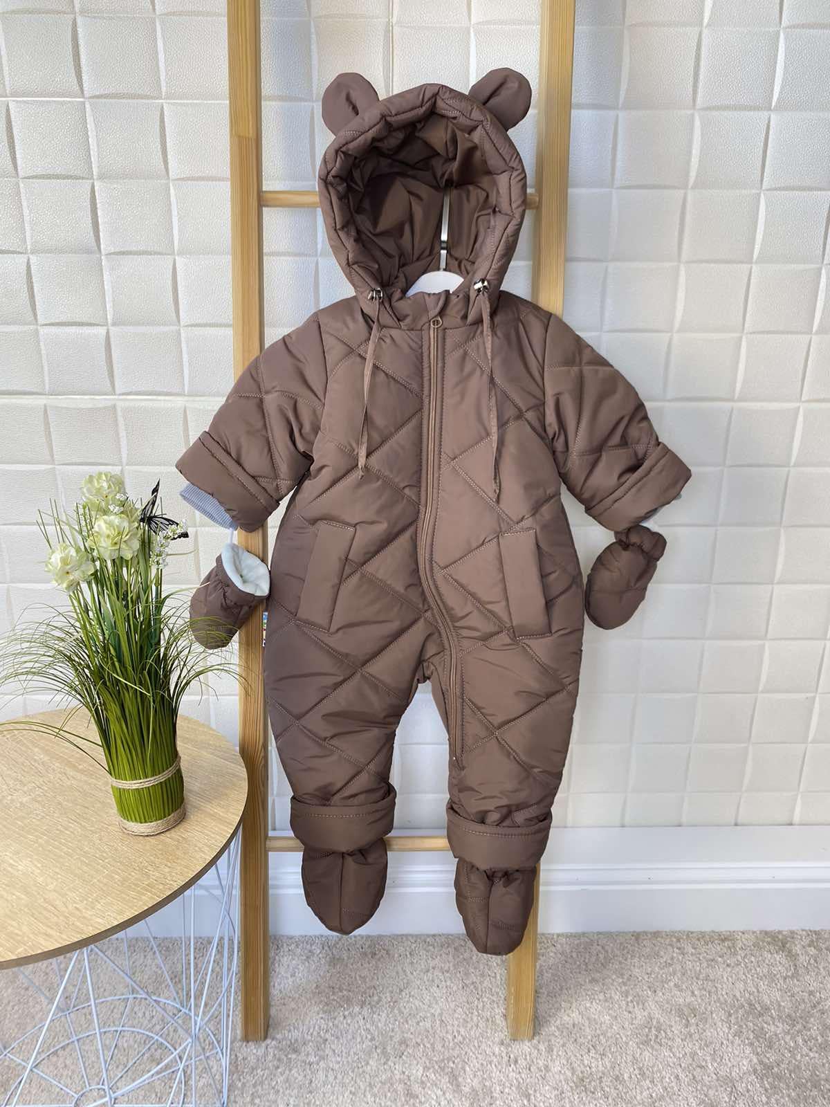 Детский зимний комбинезон с пинетками и перчатками 80 см Коричневый (21335)