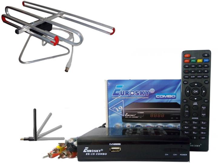 Комплект DVB-S2/T2 тюнер комбинированный Eurosky ES-19 Combo/антенна комнатная улучшенная/Wifi-адаптер - фото 2