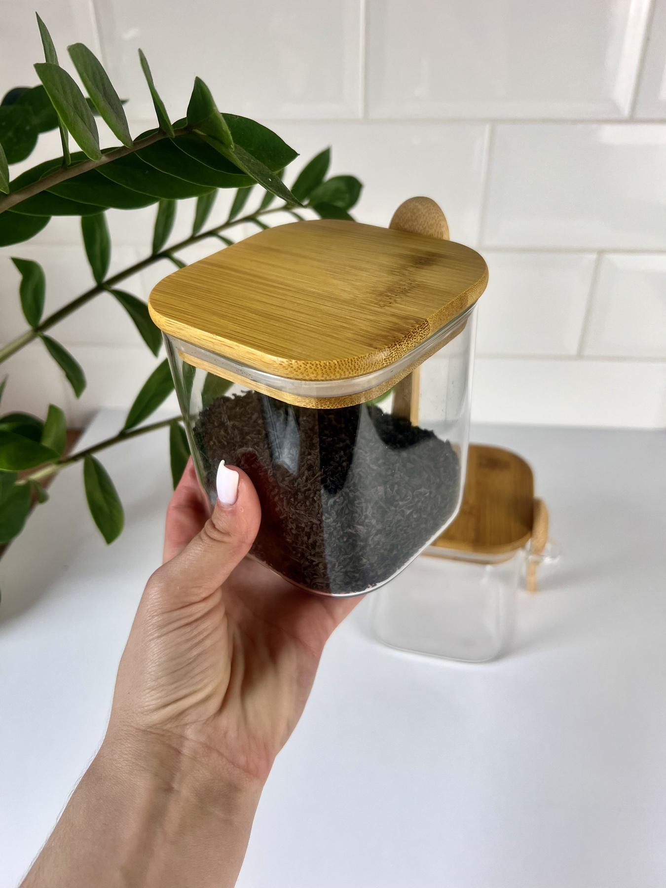 Банка з бамбуковою кришкою і ложкою скляна квадратна 600 мл (31454594)